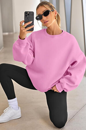 Genıus Store Kadın Sweatshirt Oversize Geniş Kalıp İçi Şardonlu Bisiklet Yaka Oversize Sweatshirt KADIN-SWEATSHIRT