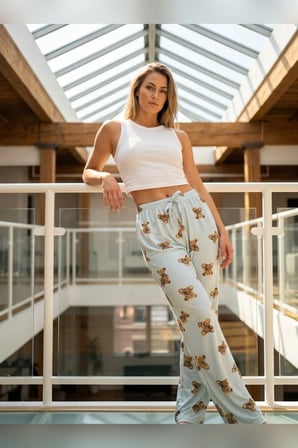 Büyük Beden Tek Alt Pijama Yumuşak Milan Kumaş İpli Bel Mavi Ayıcık Baskılı Sevimli Loungewear Pantolon