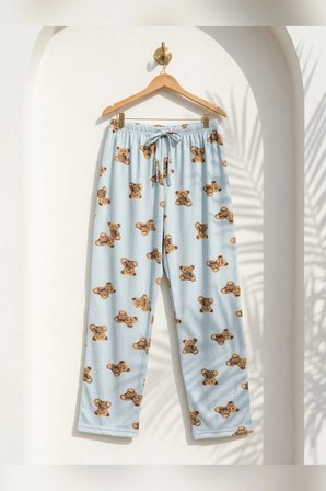Büyük Beden Tek Alt Pijama Yumuşak Milan Kumaş İpli Bel Mavi Ayıcık Baskılı Sevimli Loungewear Pantolon