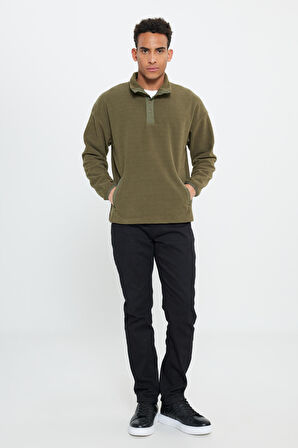 Erkek Haki Loose Fit Bato Yaka Desenli Polar
