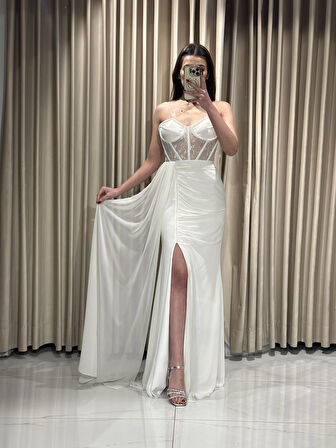 Yıldızlar Kadın Üstü Güpür Göüs İşlemeli Beli Drapeli Yeni Sezon Şifon Abiye 5099