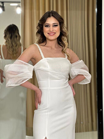 Beyaz Balon Kollu Krep İp Askılı Yırtmaç Detaylı Yeni Sezon Abiye Elbise Ht5044 5044