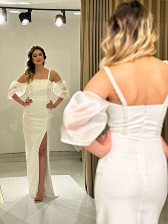 Beyaz Balon Kollu Krep İp Askılı Yırtmaç Detaylı Yeni Sezon Abiye Elbise Ht5044 5044