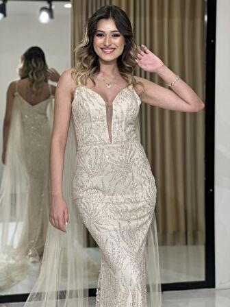 İp Askılı Gögüs arası Dekolteli Taş İşlemeli Yeni Sezon Abiye Elbise Vs3021 3021