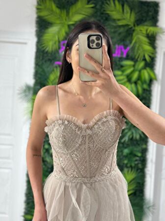 İp Askılı Beli Korse Eteği Damla Model Abiye Gs6400 6400