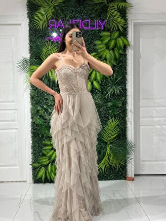 İp Askılı Beli Korse Eteği Damla Model Abiye Gs6400 6400