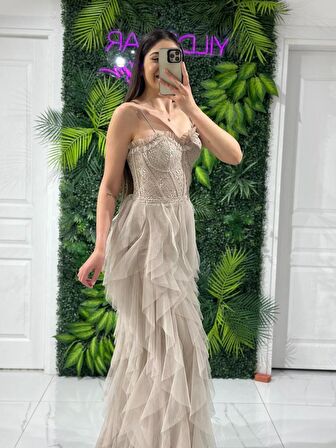 İp Askılı Beli Korse Eteği Damla Model Abiye Gs6400 6400