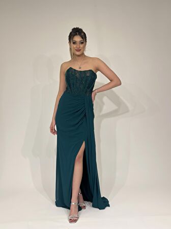 Yıldızlar Yeni Sezon Kadın İp Askılı Önü Tül Taş İşlemeli Abiye Elbise 5162