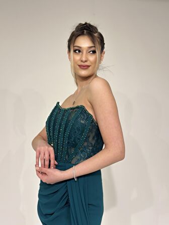 Yıldızlar Yeni Sezon Kadın İp Askılı Önü Tül Taş İşlemeli Abiye Elbise 5162