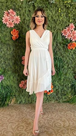 Kalın Askılı Önü Fırfırlı Beli Kemerli Şifon Midi Abiye Rc4110 4110