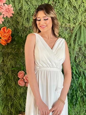 Kalın Askılı Önü Fırfırlı Beli Kemerli Şifon Midi Abiye Rc4110 4110