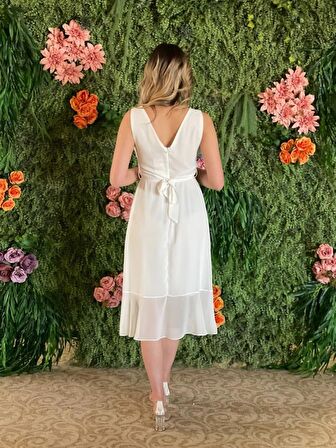 Kalın Askılı Önü Fırfırlı Beli Kemerli Şifon Midi Abiye Rc4110 4110