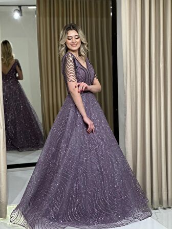 Simli Taşlı Helen Kesim Yeni Sezon Abiye Elbise APN1025