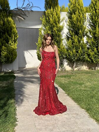 Tek Omuz Balık Sim Taş İşlemeli Uzun Abiye Elbise LG2003