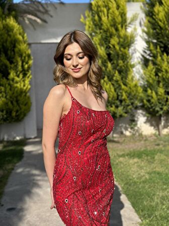 Tek Omuz Balık Sim Taş İşlemeli Uzun Abiye Elbise LG2003