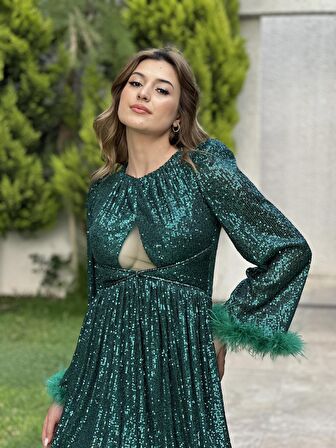 Uzun Kol Pul Payetli Oltrişli Mini Abiye Elbise 5252