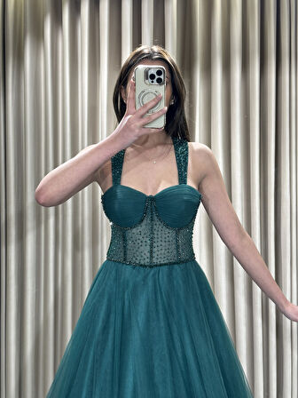 Eteği Tül Prenses Model Üstü Taş İşlemeli Kalın Askılı APN1072