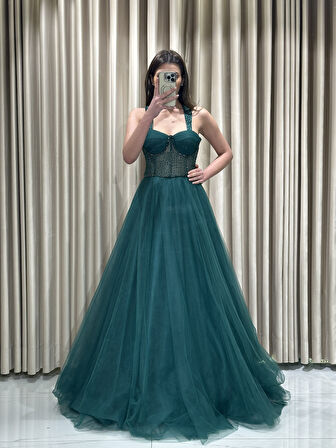 Eteği Tül Prenses Model Üstü Taş İşlemeli Kalın Askılı APN1072