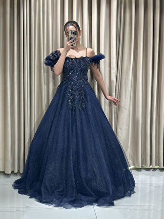 Önü Taş İşlemeli Prenses Tül Arkası Bağlama Abiye Elbise VS4007