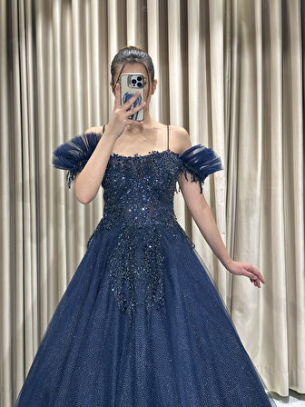 Önü Taş İşlemeli Prenses Tül Arkası Bağlama Abiye Elbise VS4007