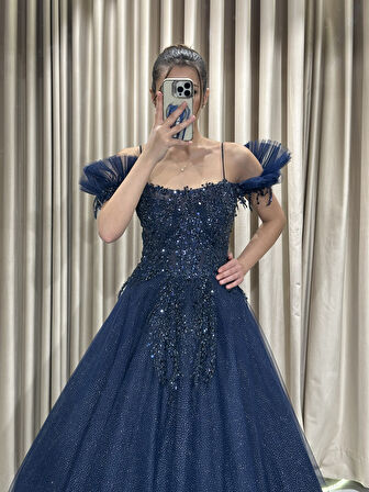 Önü Taş İşlemeli Prenses Tül Arkası Bağlama Abiye Elbise VS4007