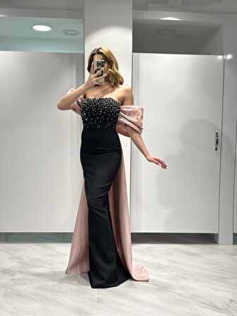 İnci Çakma Detaylı Krep Abiye Elbise RK5200