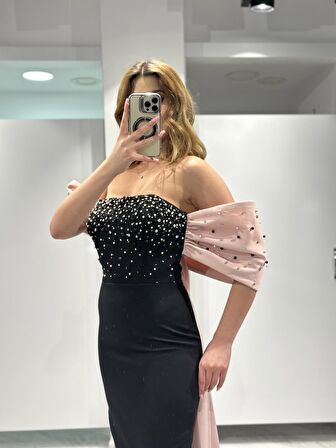 İnci Çakma Detaylı Krep Abiye Elbise RK5200