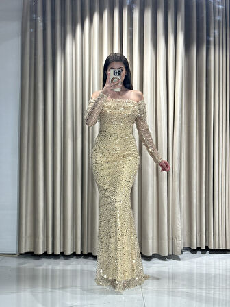 Uzun Kollu Pul Payetli Önü Detaylı Balık Abiye Elbise GS7570