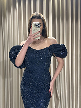 Kayık Yaka Boncuk İşlemeli Balık Model Abiye Elbise 5417