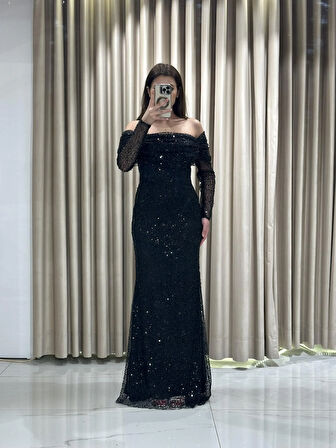 Siyah Uzun Kollu Pul Payetli Önü Detaylı Balık Abiye Elbise GS7570