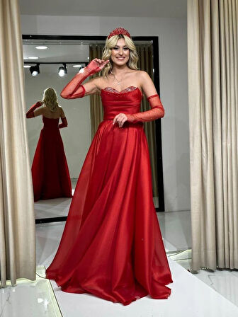 Kırmızı Straplez Göğsü Taş Baskı Kiloş Yeni Sezon Abiye Elbise Rk5089 5089