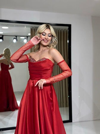 Kırmızı Straplez Göğsü Taş Baskı Kiloş Yeni Sezon Abiye Elbise Rk5089 5089