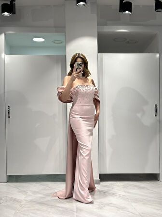 Pembe İnci Çakma Detaylı Krep Abiye Elbise RK5200