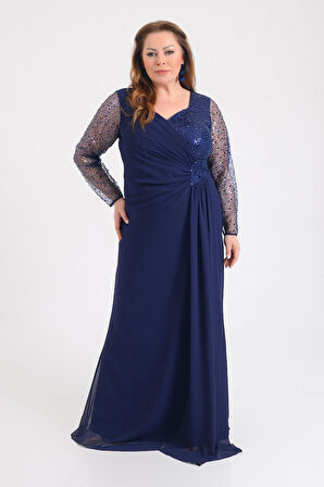 Lilas XXL Kadın Büyük Beden Şifon Uzun Abiye Elbise 9651 Lacivert