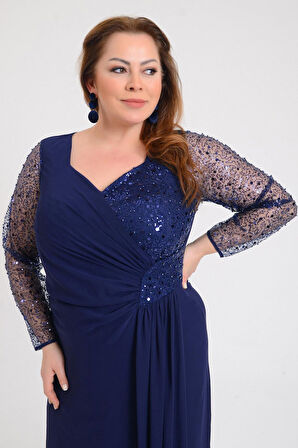 Lilas XXL Kadın Büyük Beden Şifon Uzun Abiye Elbise 9651 Lacivert