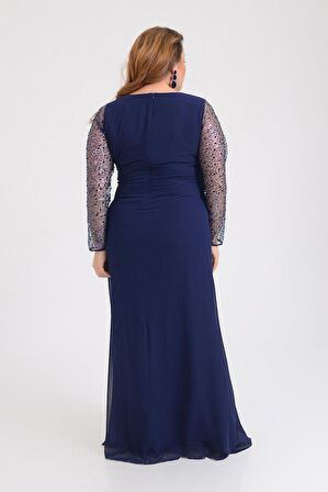 Lilas XXL Kadın Büyük Beden Şifon Uzun Abiye Elbise 9651 Lacivert