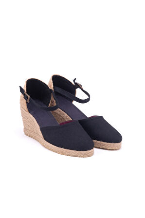 Gerçek Elişi Siyah Hasır Dolgu Topuk Keten Hasır Espadril Handmade