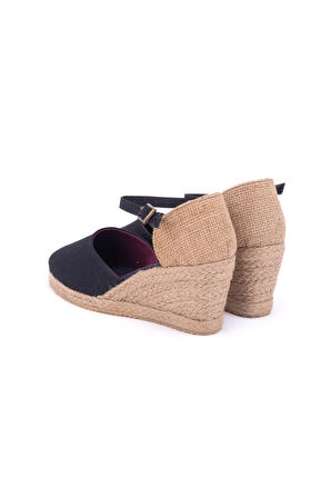 Gerçek Elişi Siyah Hasır Dolgu Topuk Keten Hasır Espadril Handmade