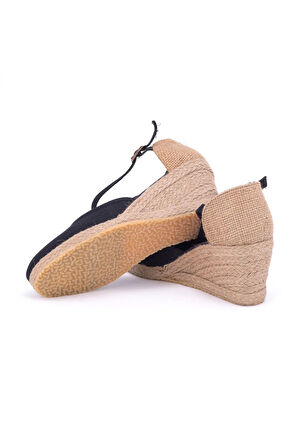 Gerçek Elişi Siyah Hasır Dolgu Topuk Keten Hasır Espadril Handmade