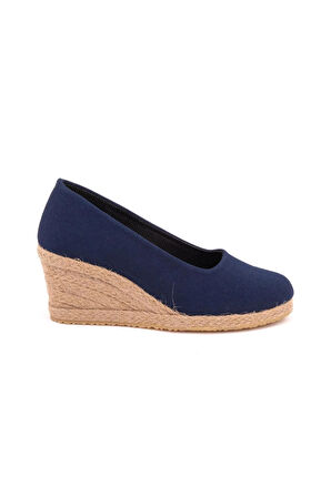 Gerçek Elişi Lacivert Keten Espadril Dolgu Topuk Handmade