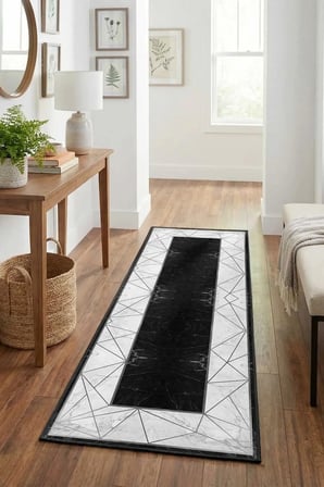 Yıkanabilir Kaymaz Alvina Siyah Dijital Baskılı Yolluk Halı Tüy Tutmaz Siyah