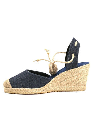 Gerçek Elişi Topuğu Açık Bilekten Bağlamalı Bej Dolgu Topuk Keten Hasır Espadril Handmade