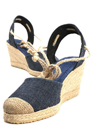 Gerçek Elişi Topuğu Açık Bilekten Bağlamalı Bej Dolgu Topuk Keten Hasır Espadril Handmade