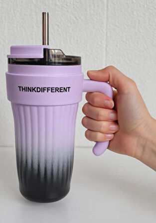 Bondy Think Different Kulplu Kapaklı Büyük Boy Mug 860 ml - Pipetli Paslanmaz Çelik Termos Bardak