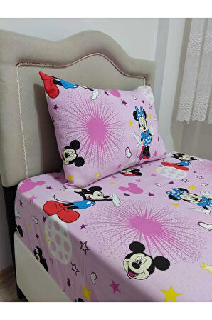 Tek Kişilik Ara Beden (120x200) Ranforce Lastikli Çarşaf Takımı Pembe Mickey Mouse