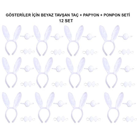 Beyaz Tavşan Kostüm Seti – Taç, Papyon, Kuyruk (12’li Paket)