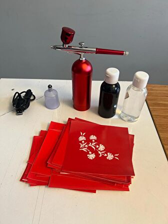Şarjlı Airbrush Mini Boya Tabancası Geçici Dövme Paketi Boya ve desen hediyeli