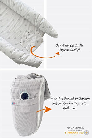 Babynest Gri Waffle Micky Desenli Çantalı Babynest Bebek Çantası Taşınabilir Anne Yanı Yatağı