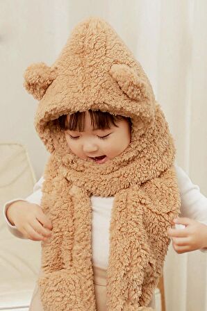 Babykid Çocuk Kapşonlu Peluş Bere Atkı Eldiven Welsoft  Boyunluk Rüzgar Geçirmez Kulaklı Şapka Kahve