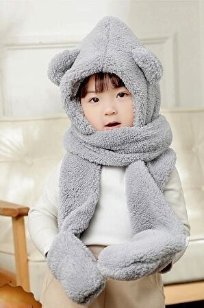 Babykid Gri Çocuk Kapşonlu Peluş Bere Atkı Eldiven Welsoft  Boyunluk Rüzgar Geçirmez Kulaklı Şapka